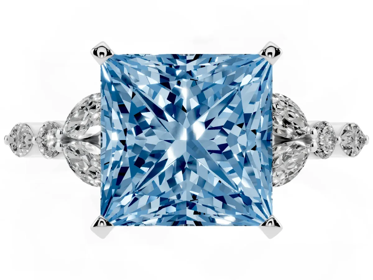 Fancy Blue Princess Cut Diamond Solitaire Ring with Side Stones and Four-Prong Setting Platinum