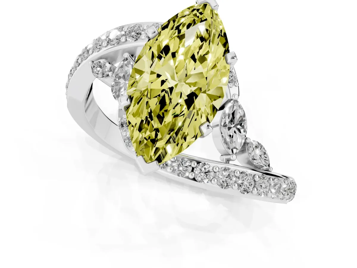 Fancy Yellow Marquise Cut Solitaire with Pavé Twist Band and Four-Prong Setting Platinum