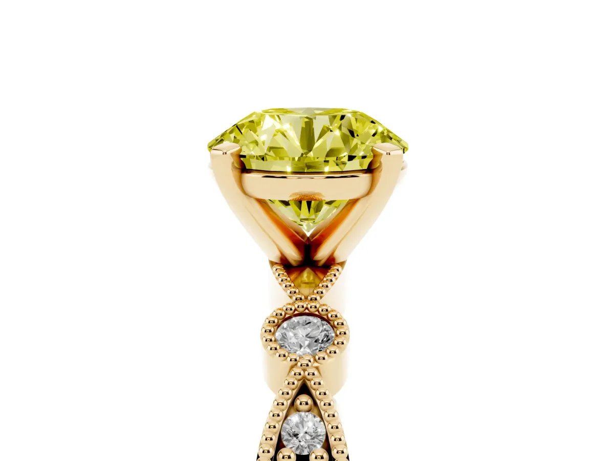 Fancy Yellow Round Cut Milgrain Bezel Diamond Engagement Ring with Solitaire Prong Setting Yellow gold