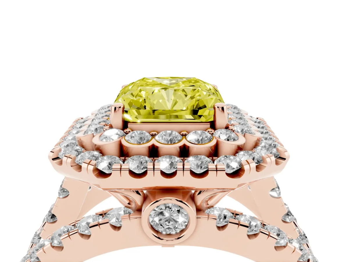 Fancy Yellow Radiant Cut Diamond Double Halo Ring with Round Pavé Split Shank and Prong Setting Rose gold
