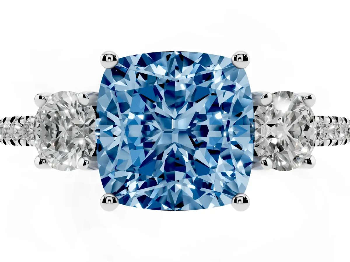 Fancy Blue Three-Stone Cushion Cut Cut Diamond Pavé Band with Prong Setting Platinum