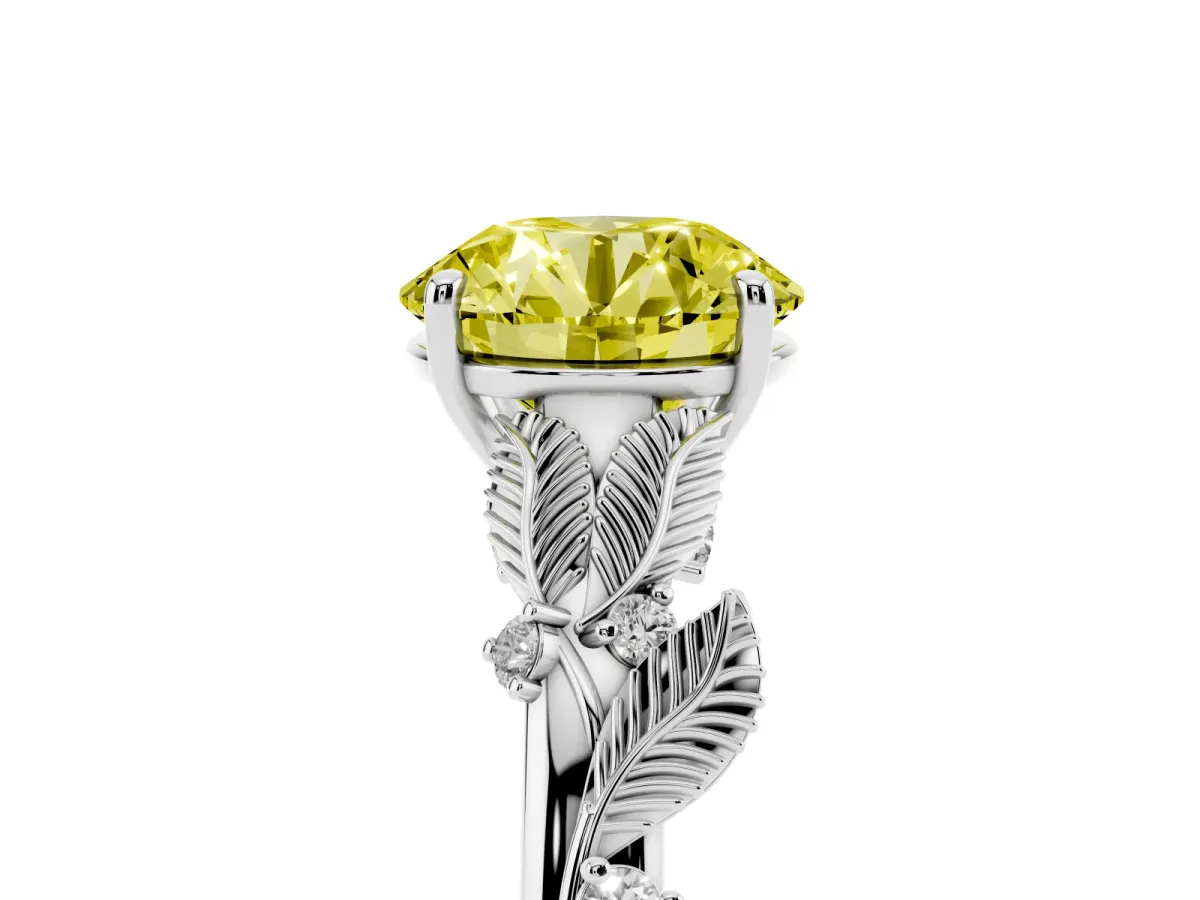 Fancy Yellow Round Cut Diamond Solitaire Ring with Leaf Motif Band and Four-Prong Setting Platinum