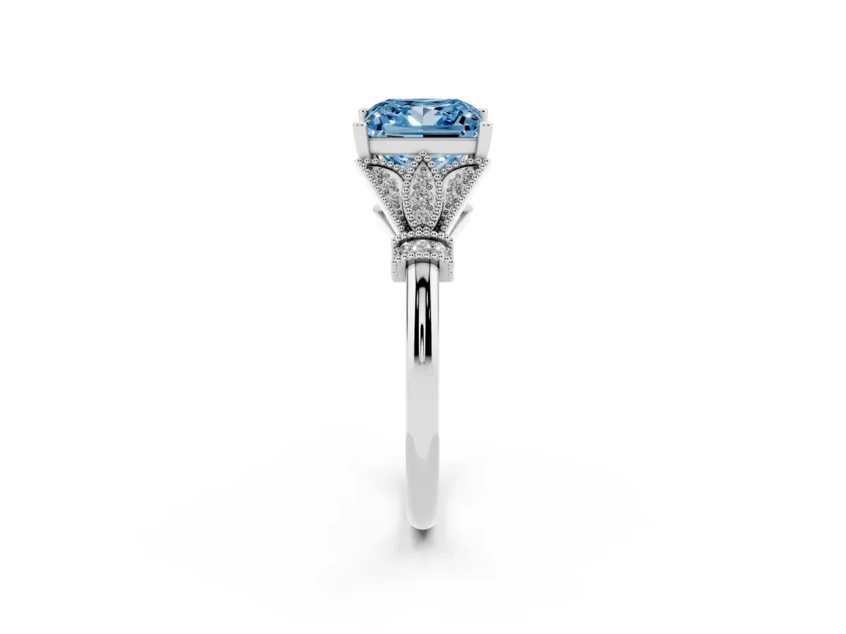 Fancy Blue Princess Cut Diamond Solitaire Ring with Floral Filigree and Pave Accents White gold