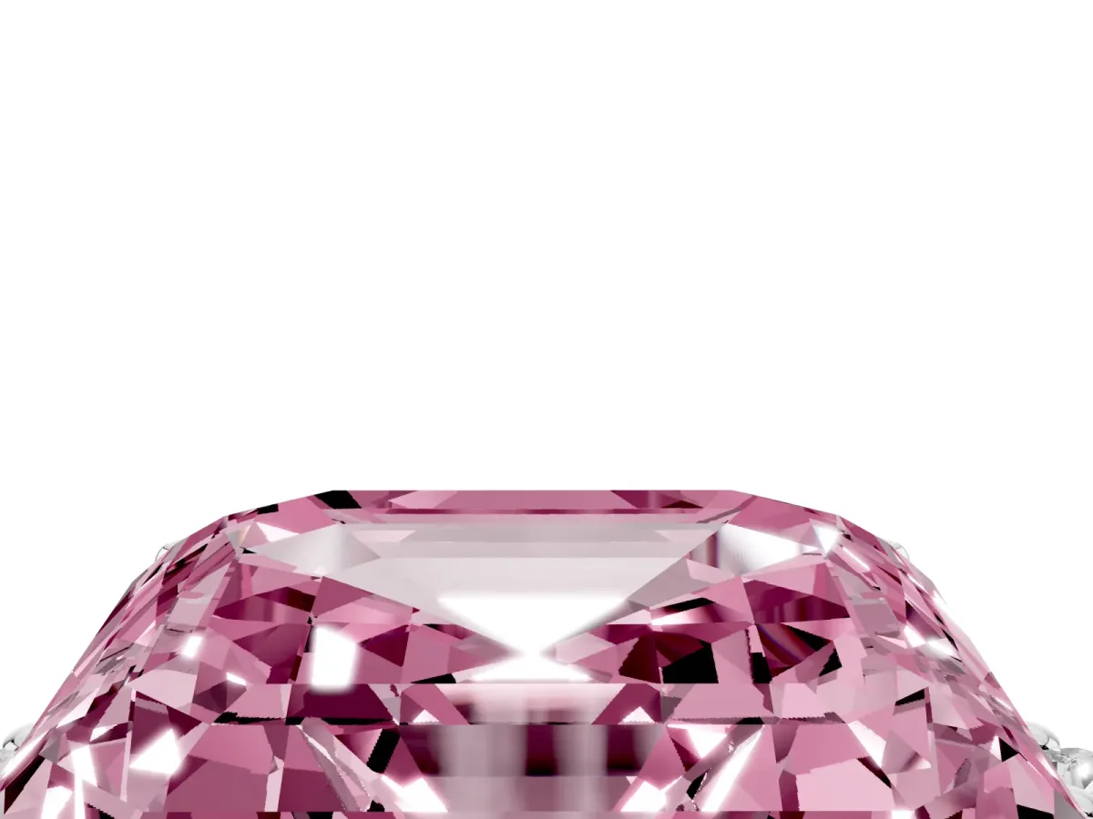 Fancy Pink Asscher Cut Cut Three-Stone Solitaire Ring with Round Accent Diamonds and Four-Prong Setting Silver