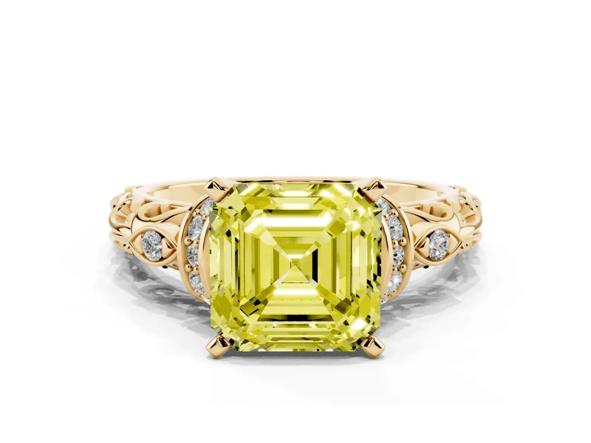 Fancy Yellow Asscher Cut Diamond Solitaire Ring with Filigree Band and Four-Prong Setting Yellow gold
