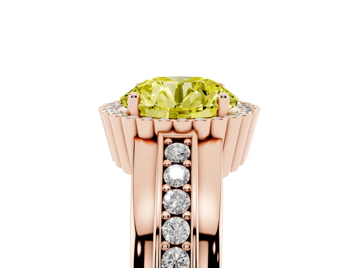 Fancy Yellow Round Cut Cut Halo Pave Band Four-Prong Ring Rose gold