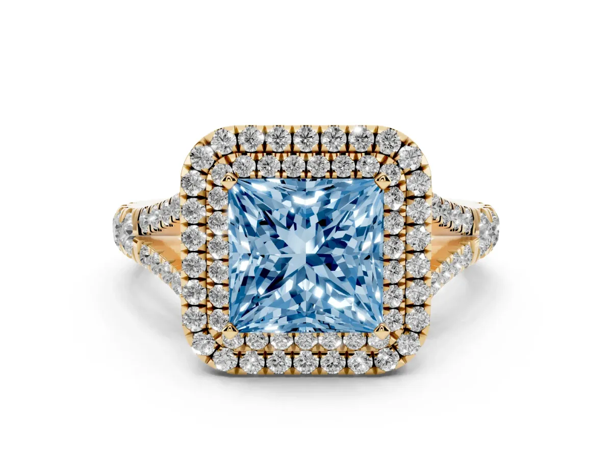 Fancy Blue Princess Cut Cut Double Halo Split Shank Diamond Ring with Prong Setting Yellow gold