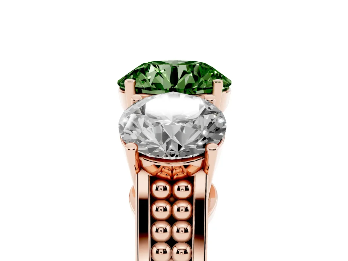 Fancy Green Round Cut Diamond Three-Stone Ring with Prong Setting and Textured Band Rose gold