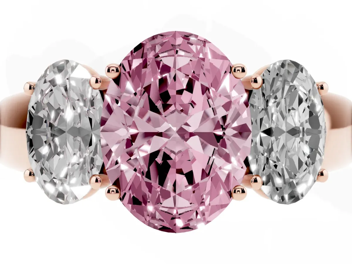 Fancy Pink Three-Stone Oval Cut Cut Diamond Ring with Prong Setting and Classic Band Rose gold