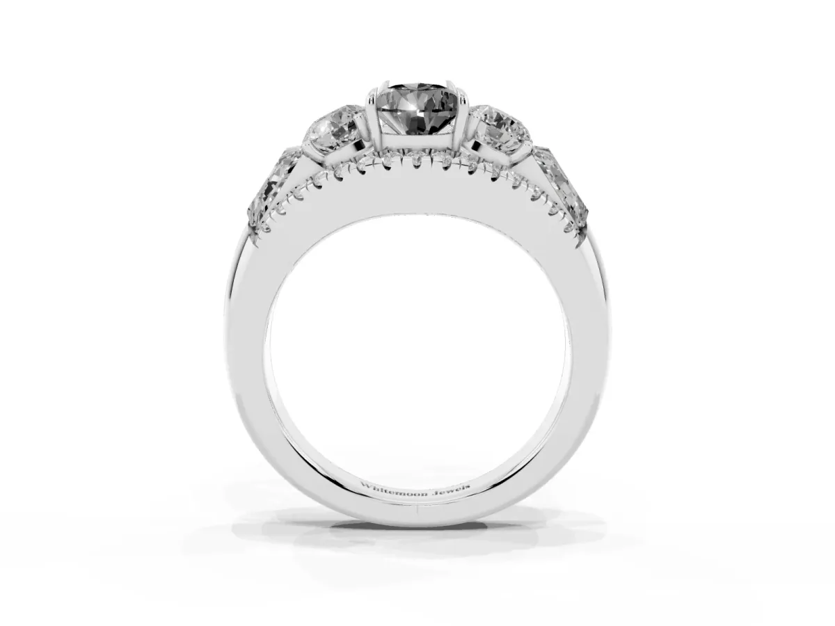 Fancy Black Three-Stone Pear Cut Diamond Engagement Ring with Pave Band and Prong Setting Silver