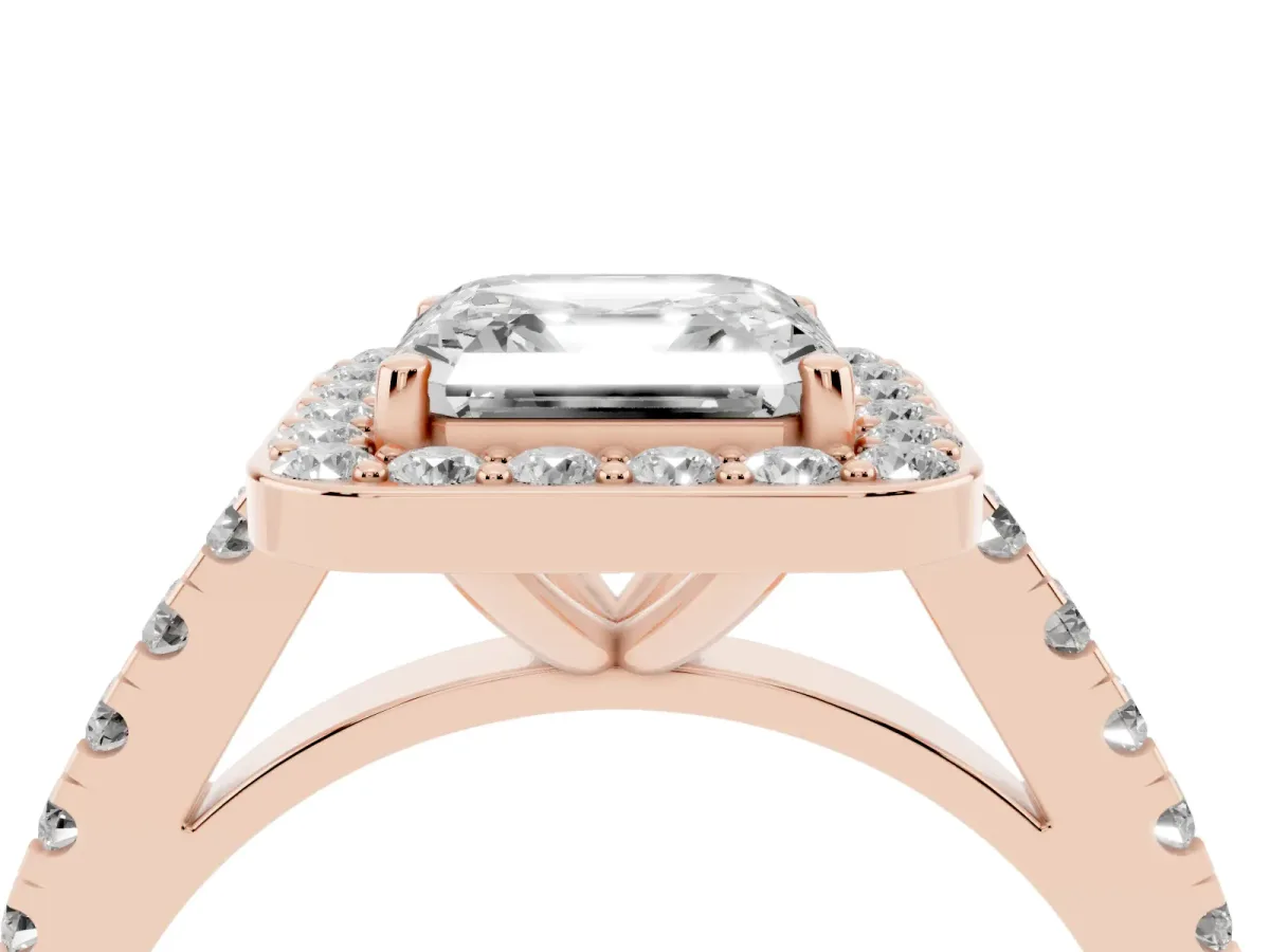 Asscher Cut Diamond Halo Ring with Round Pavé Split Shank and Prong Setting Rose gold