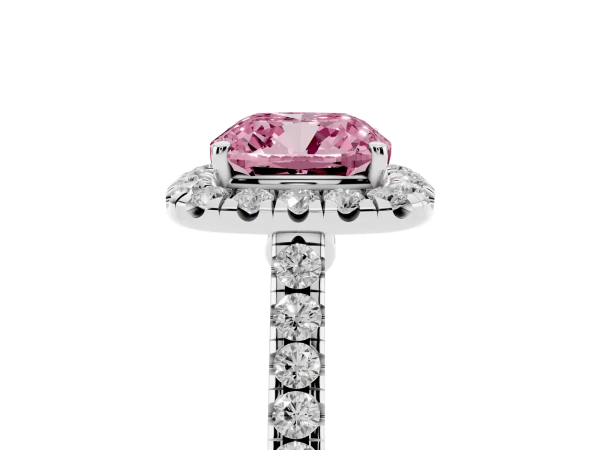 Fancy Pink Cushion Cut Halo Pave Diamond Engagement Ring with Four-Prong Setting Silver