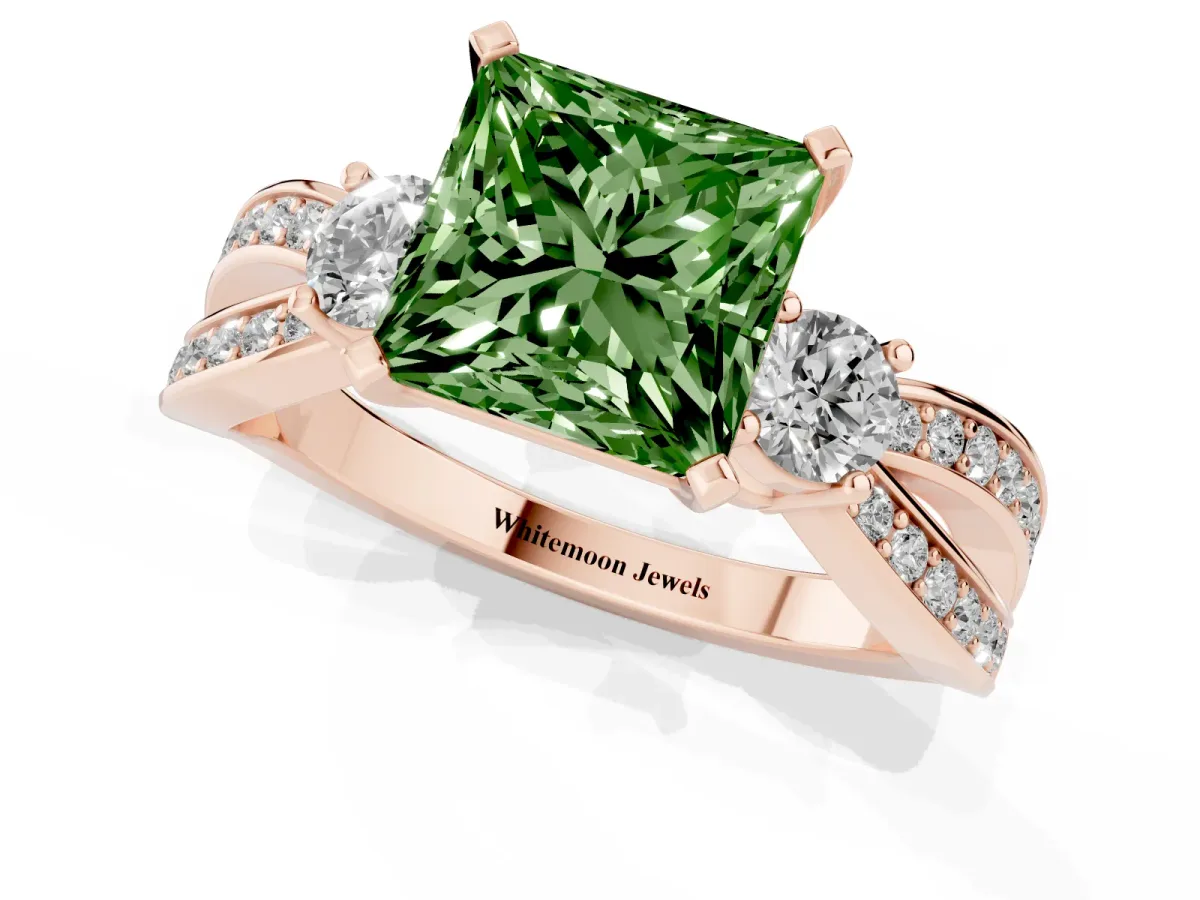 Fancy Green Three-Stone Princess Cut Cut Diamond Twist Band with Prong Setting Rose gold