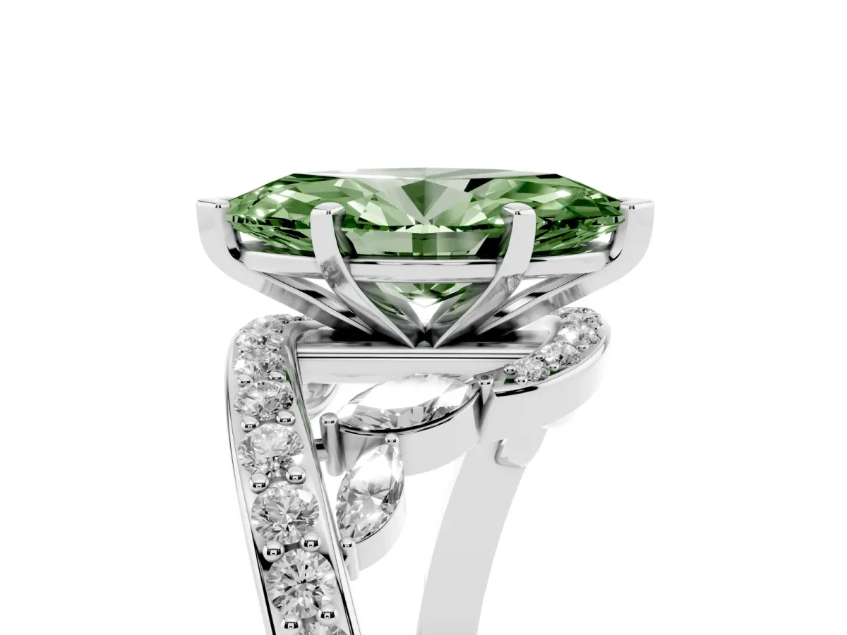 Fancy Green Marquise Cut Solitaire with Pavé Twist Band and Four-Prong Setting White gold