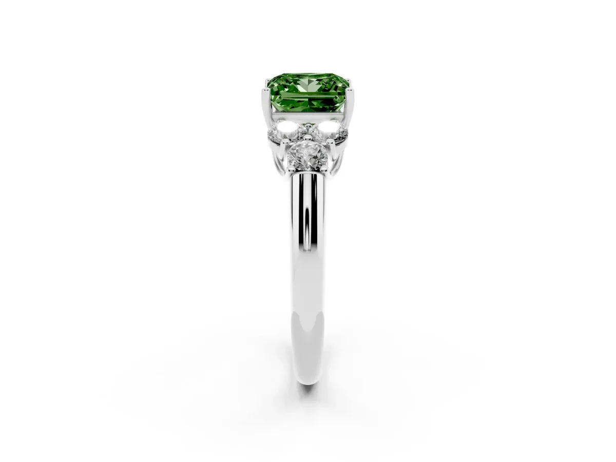Fancy Green Princess Cut Cut Diamond Cluster Ring with Round Accent Stones and Prong Setting on a Classic Band White gold