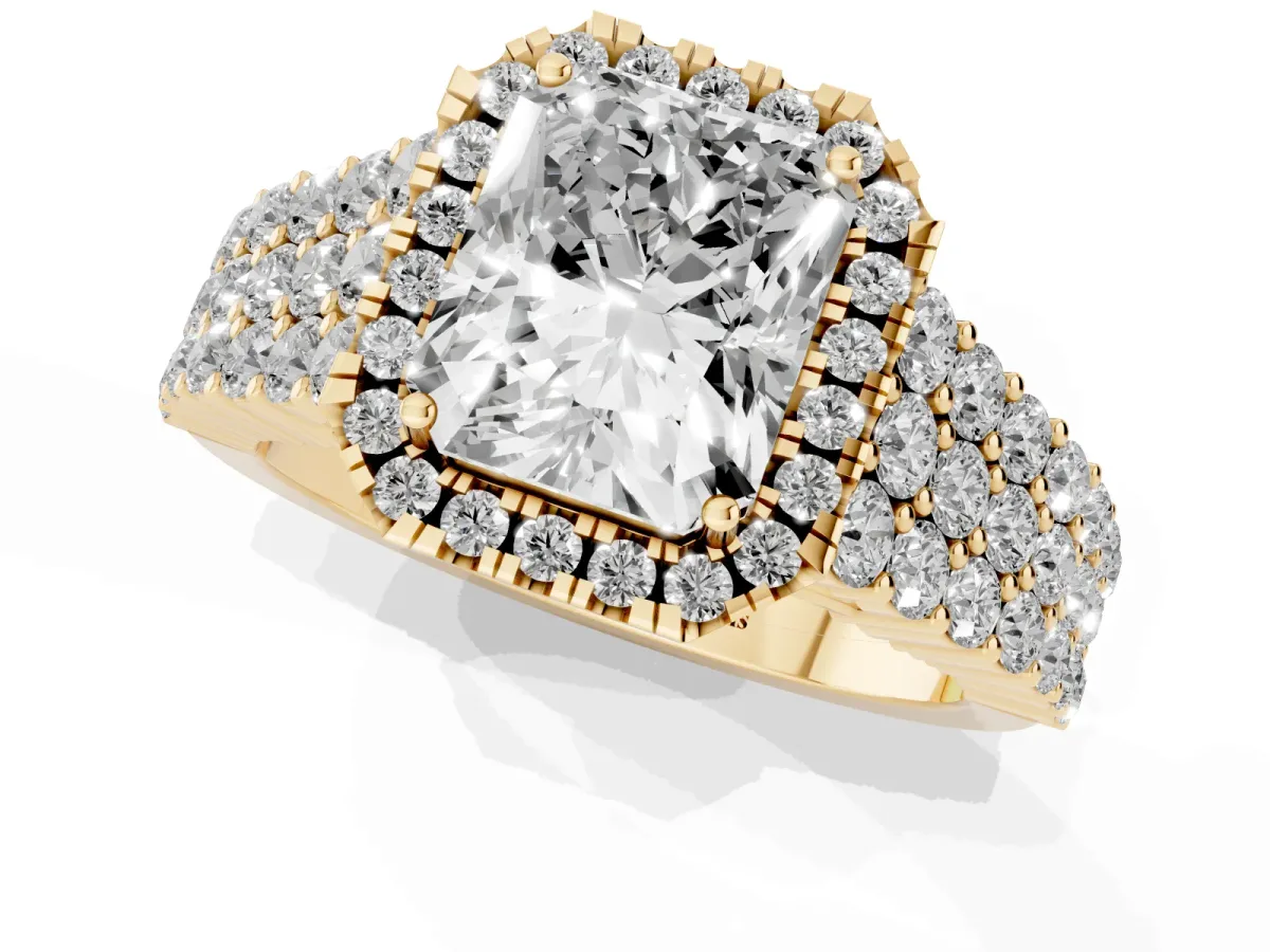 Radiant Cut Diamond Halo Engagement Ring with Triple Row Round Pavé Band and Prong Setting Yellow gold