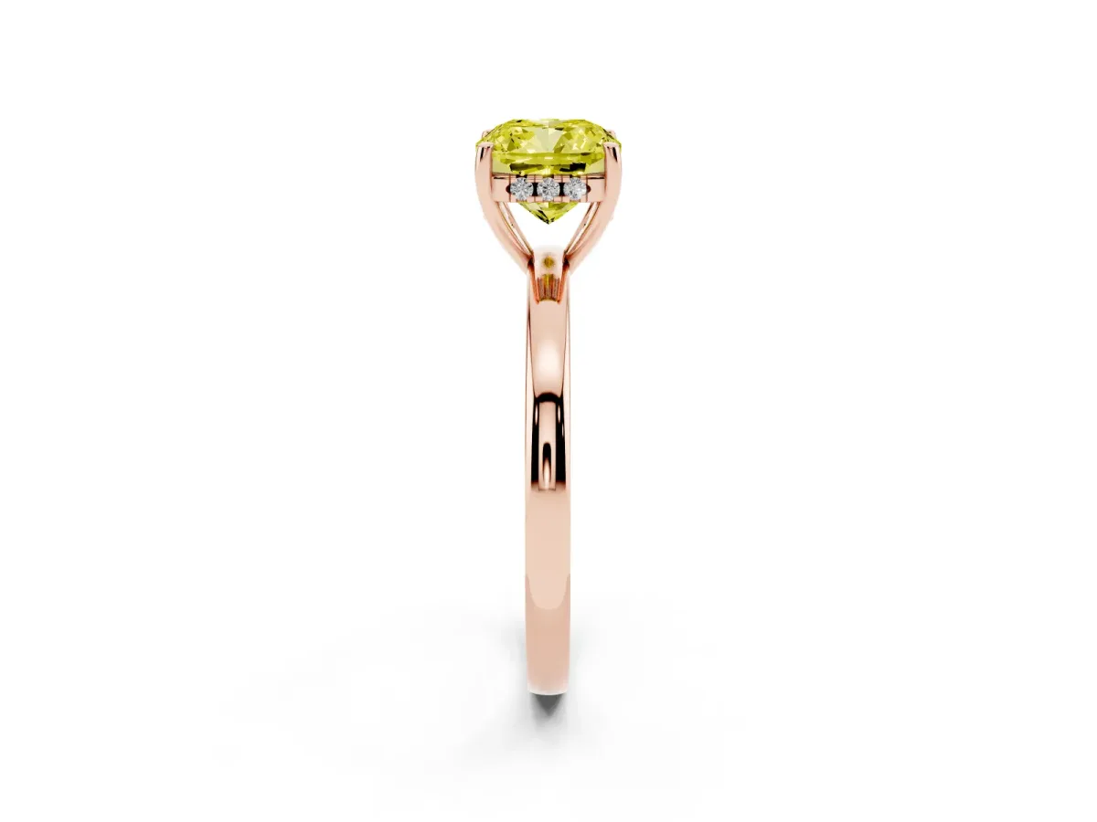 Fancy Yellow Cushion Cut Solitaire Diamond Ring with Prong Setting and Plain Band Rose gold