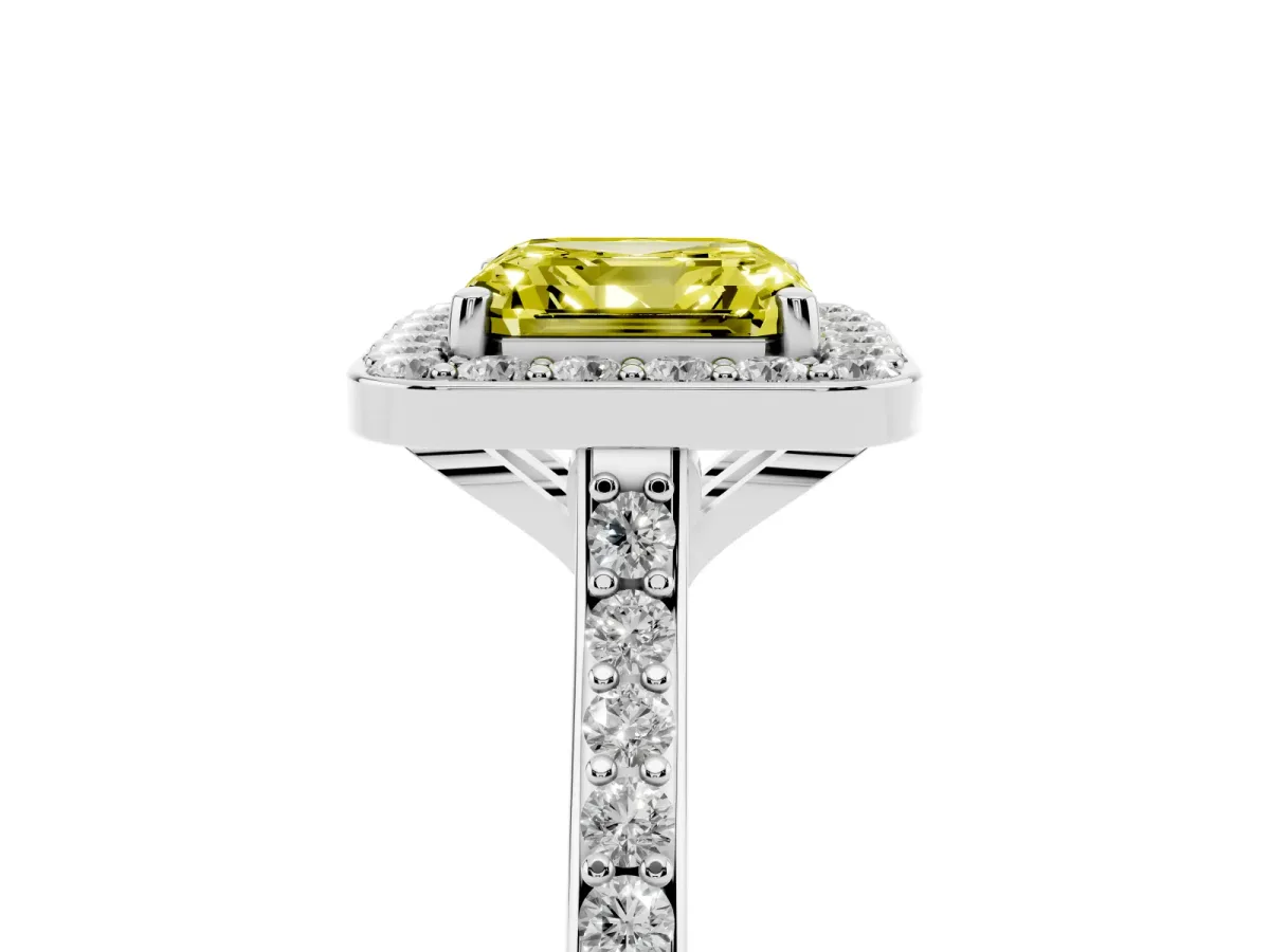 Fancy Yellow Asscher Cut Diamond Halo Engagement Ring with Round Pavé Shoulders and Prong Setting Silver