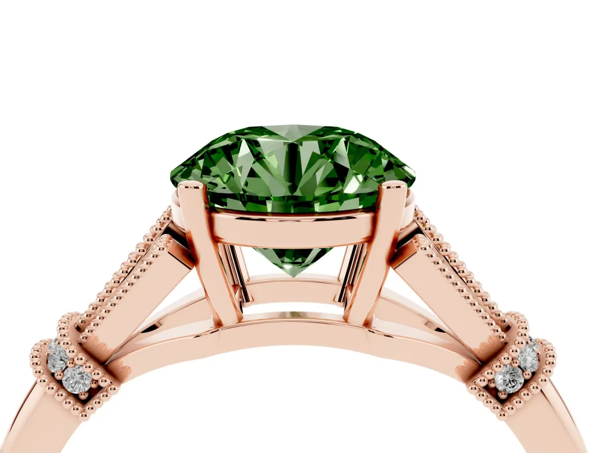 Fancy Green Round Cut Diamond Solitaire Ring with Floral Filigree and Pave Accents Rose gold