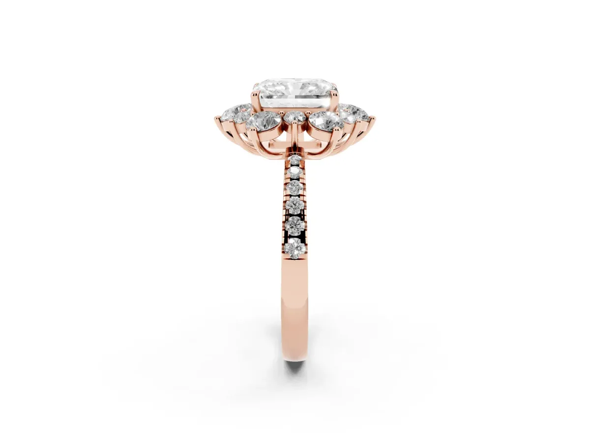 Radiant Cut Diamond Floral Halo Ring with Round Pavé Band and Prong Setting Rose gold