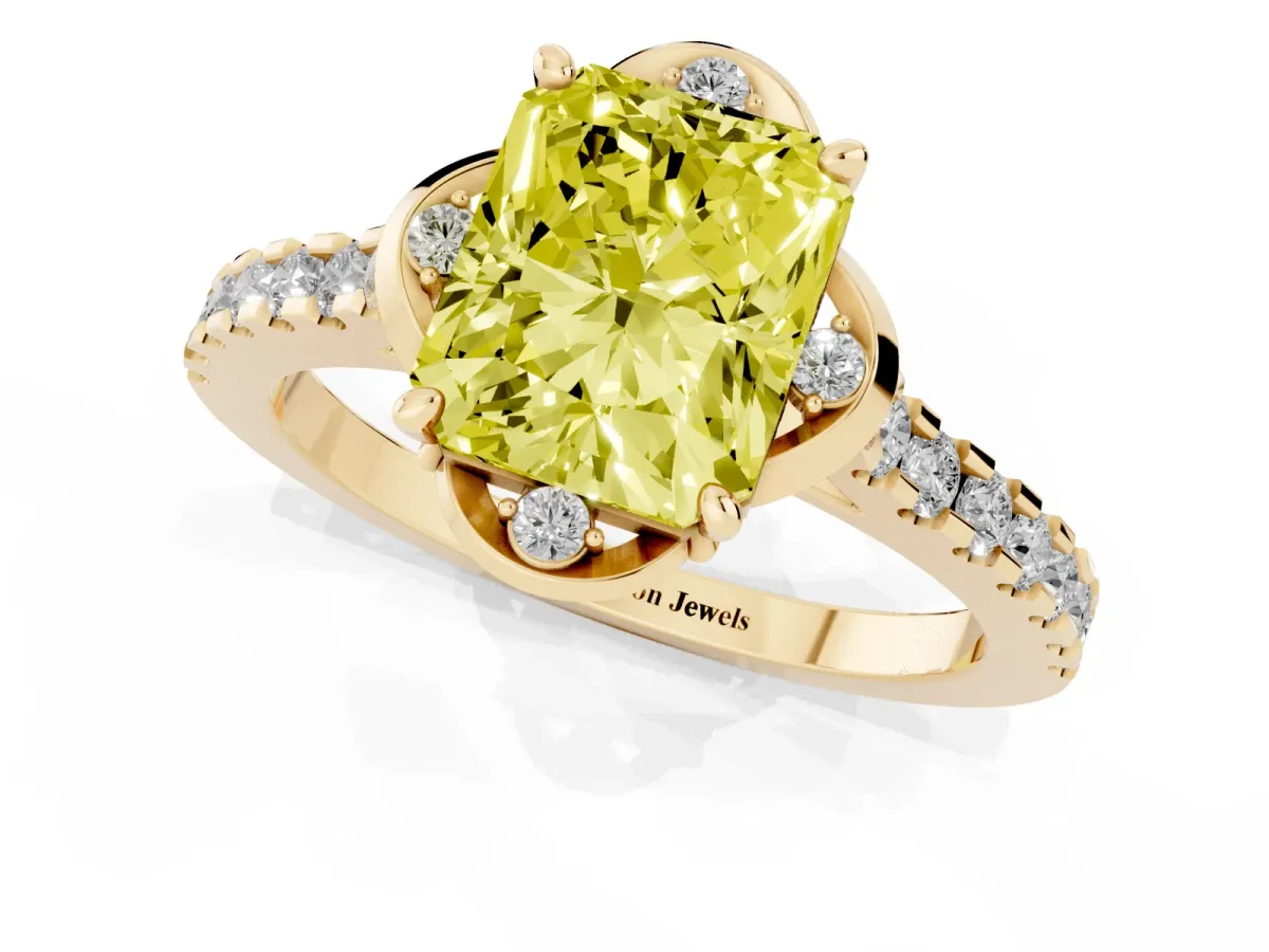 Fancy Yellow Radiant Cut Diamond Ring with Pavé Band and Floral Prong Setting Yellow gold