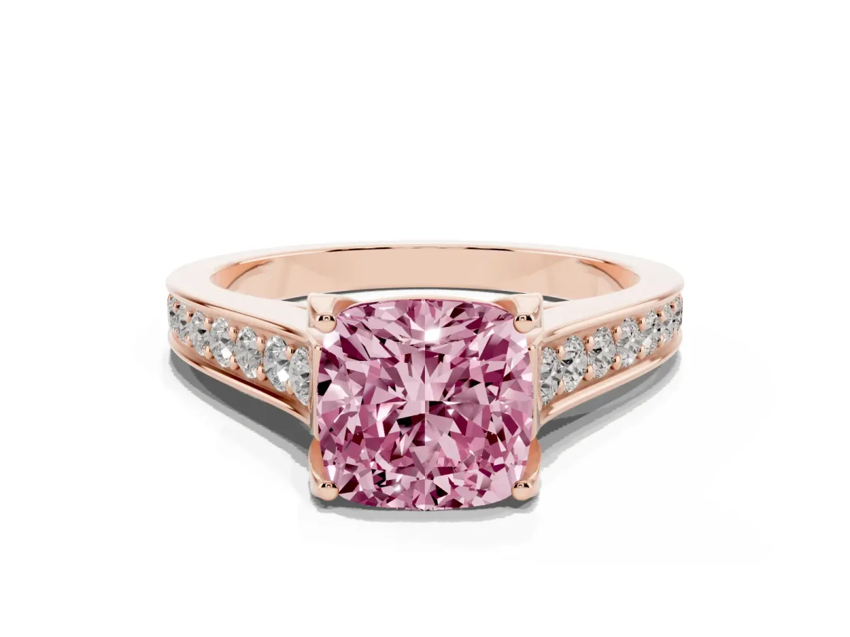 Fancy Pink Cushion Cut Brilliant Cut Diamond Engagement Ring with Pavé Band and Four-Prong Setting Rose gold