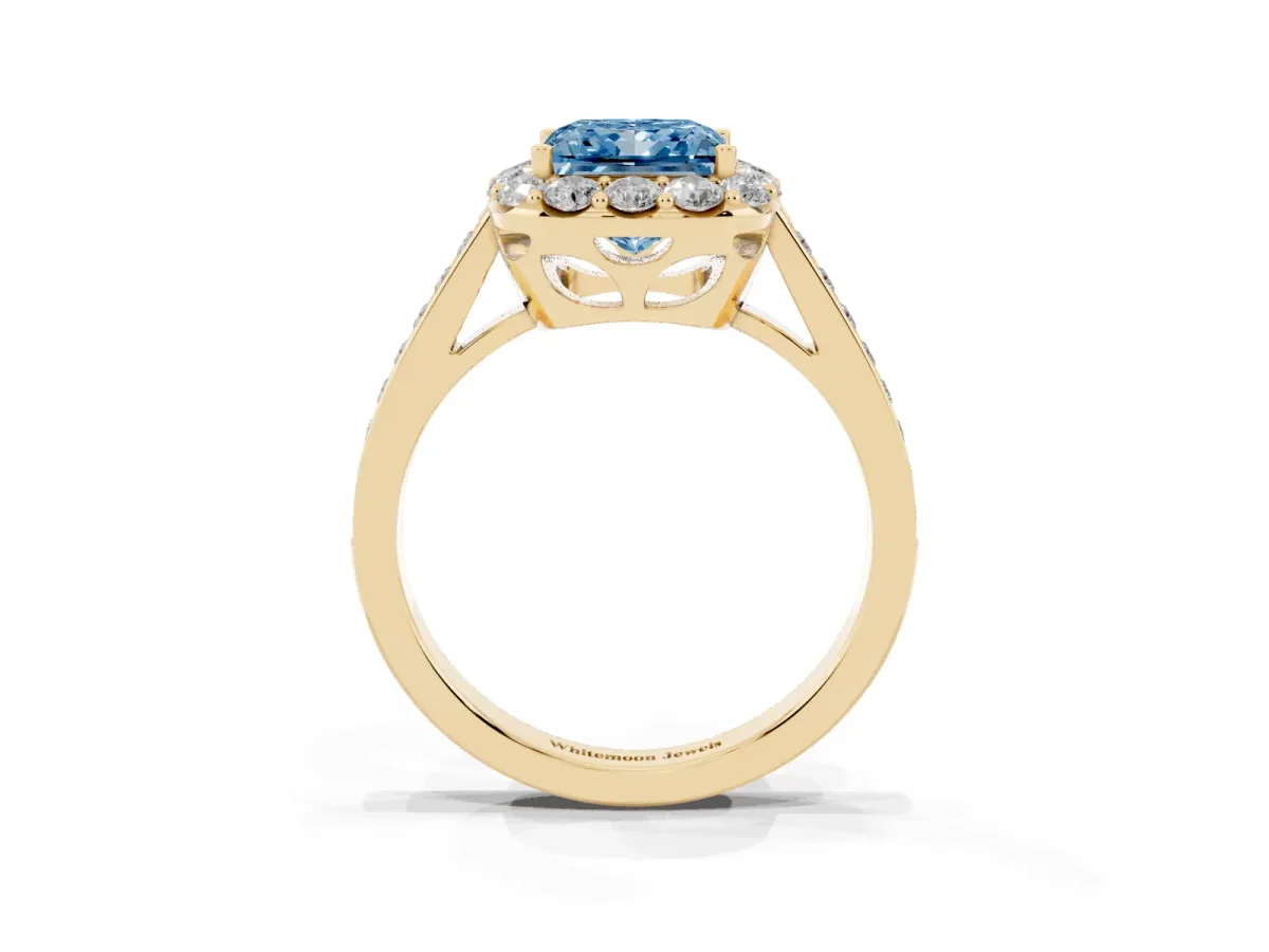 Fancy Blue Princess Cut Diamond Floral Halo Ring with Pavé Band and Prong Setting Yellow gold