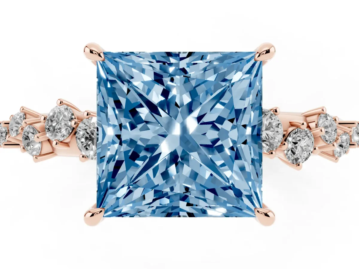 Fancy Blue Princess Cut Diamond Cluster Side Stone Solitaire Ring with Prong Setting Rose gold