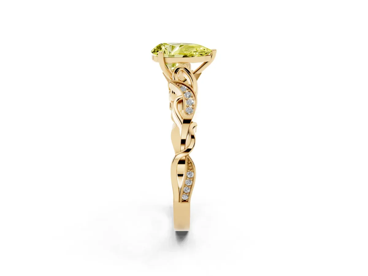 Fancy Yellow Pear Cut Solitaire Vine Band with Milgrain Prong Setting Yellow gold