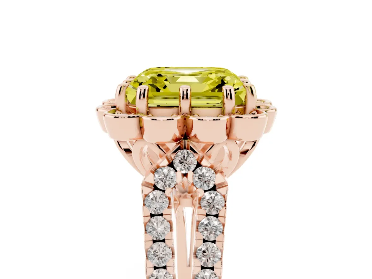 Fancy Yellow Asscher Cut Halo Diamond Floral Split Shank Engagement Ring Rose gold