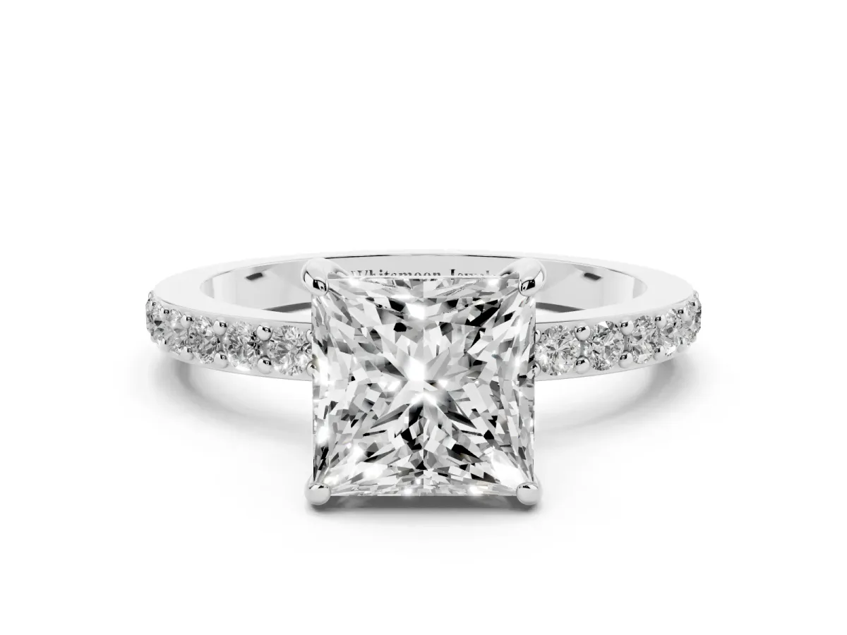 Princess Cut Diamond Pavé Engagement Ring with Round Accents and Prong Setting Platinum