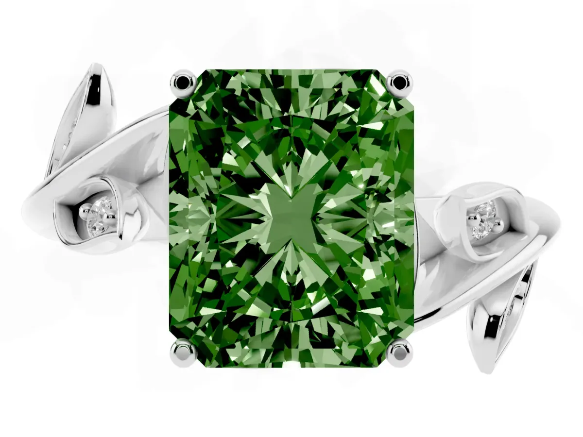 Fancy Green Radiant Cut Solitaire Twist Engagement Ring with Leaf Accents and Prong Setting Silver