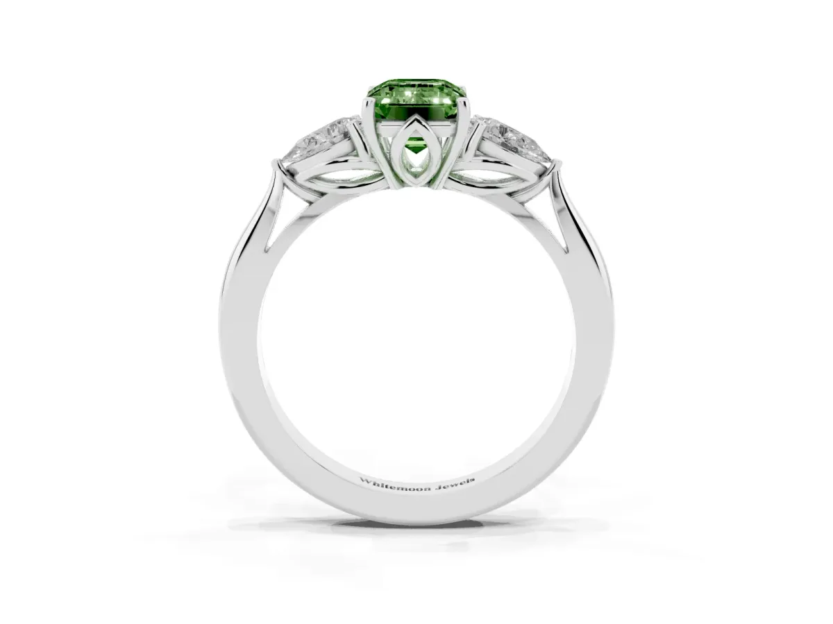 Fancy Green Emerald Cut Diamond Three-Stone Ring with Pear Side Stones and Prong Setting Silver