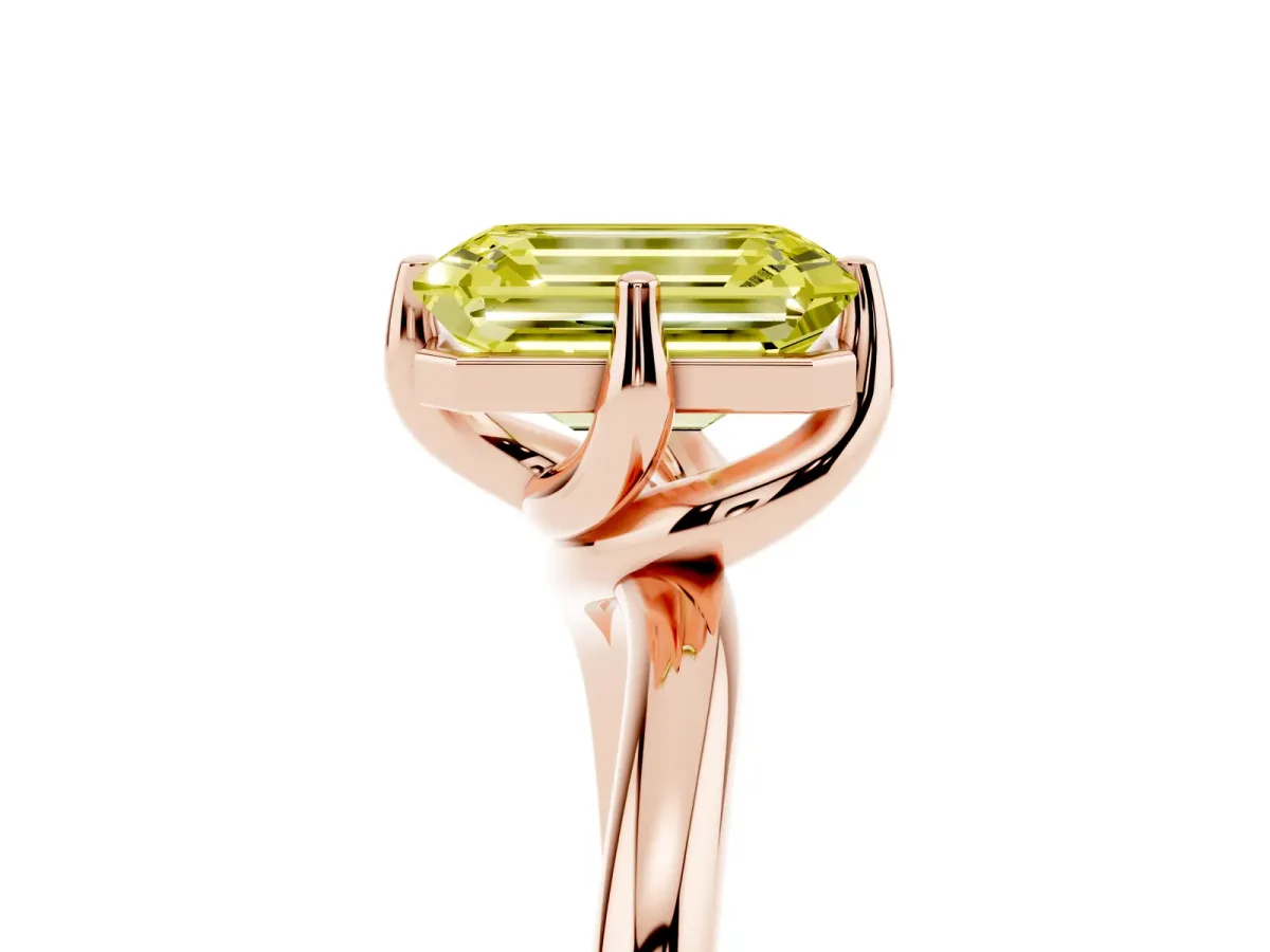 Fancy Yellow Emerald Cut Diamond Solitaire Engagement Ring with Four-Prong Setting and Classic Band Rose gold