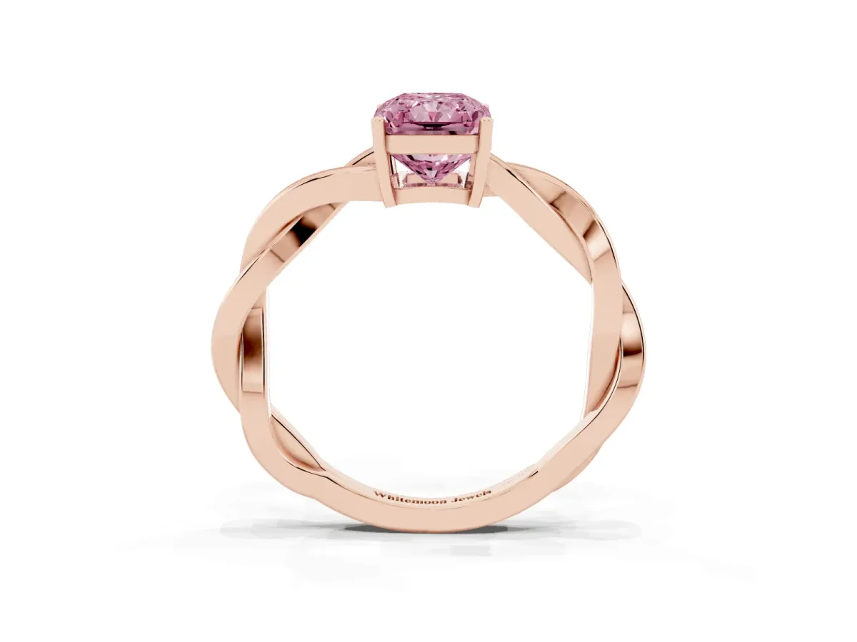 Fancy Pink Radiant Cut Solitaire Twisted Pave Diamond Ring with Four-Prong Setting Rose gold