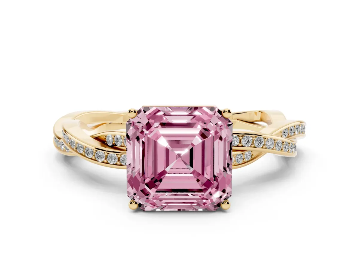 Fancy Pink Asscher Cut Solitaire Twisted Pave Diamond Ring with Four-Prong Setting Yellow gold