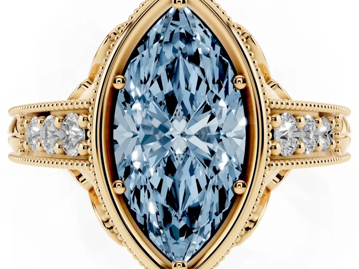 Fancy Blue Bezel Set Marquise Cut Diamond Milgrain Pave Engagement Ring Yellow gold