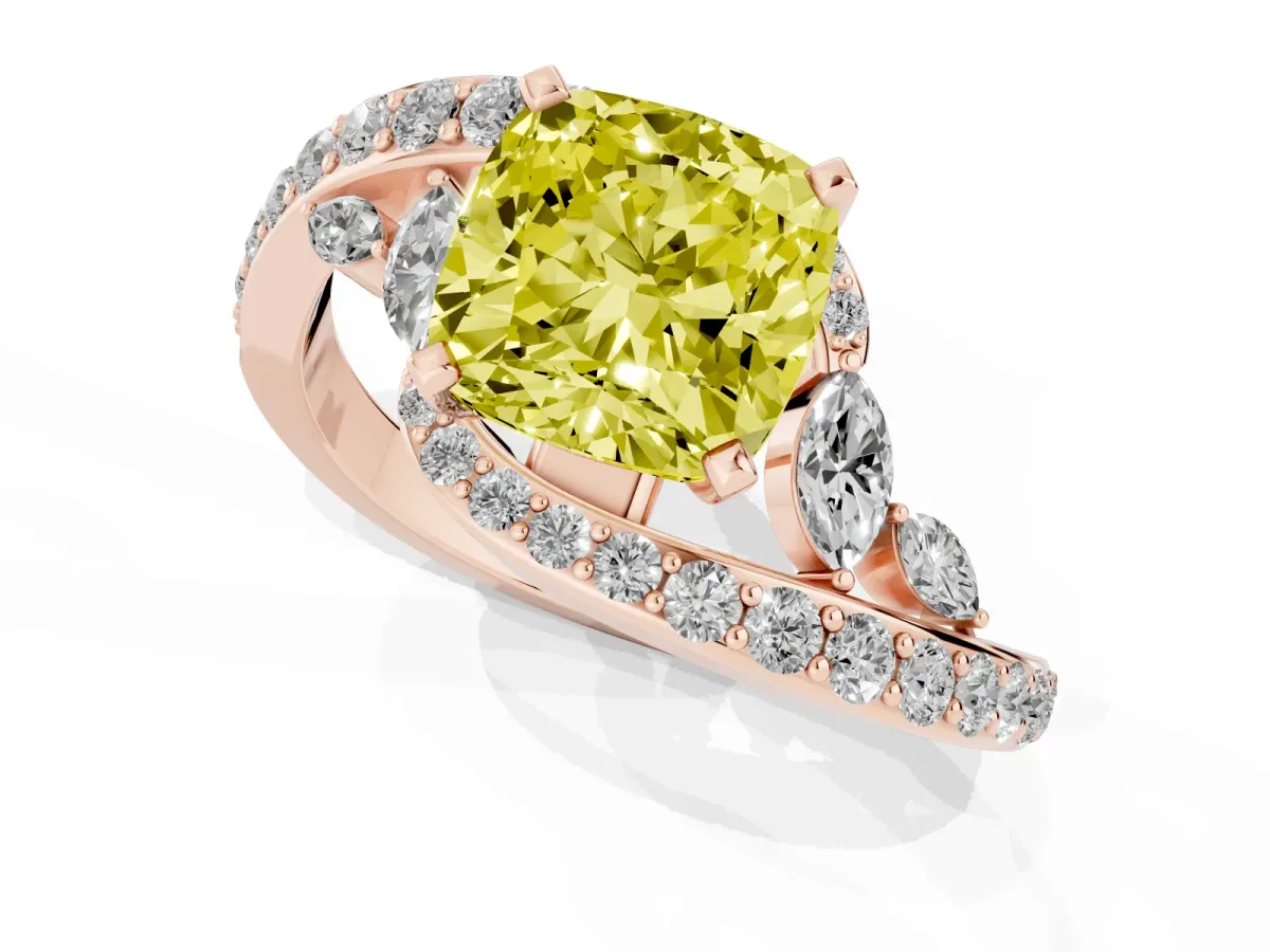 Fancy Yellow Cushion Cut Solitaire with Pavé Twist Band and Four-Prong Setting Rose gold