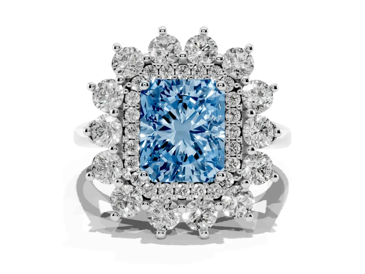 Fancy Blue Radiant Cut Diamond Floral Double Halo Engagement Ring with Prong Setting Platinum