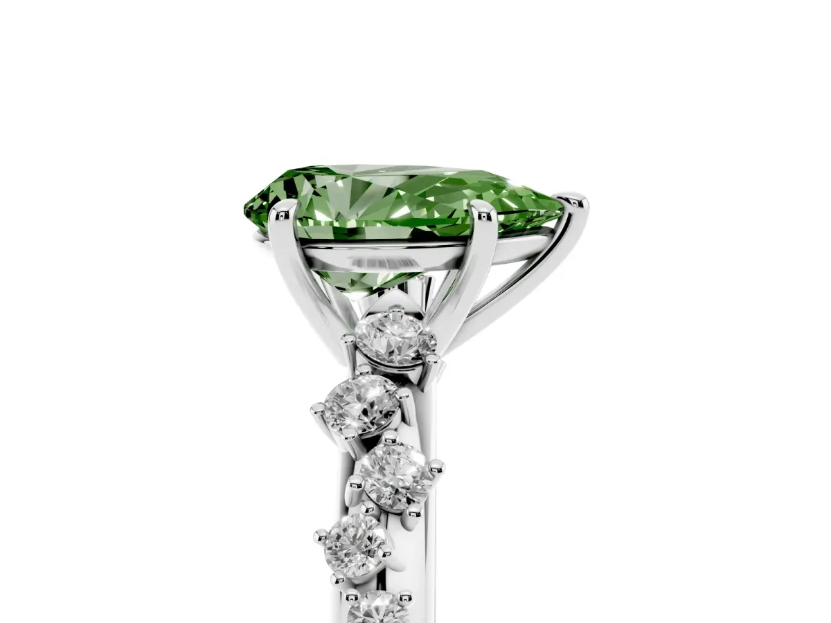 Fancy Green Pear Cut Diamond Cluster Side Stone Solitaire Ring with Prong Setting Silver