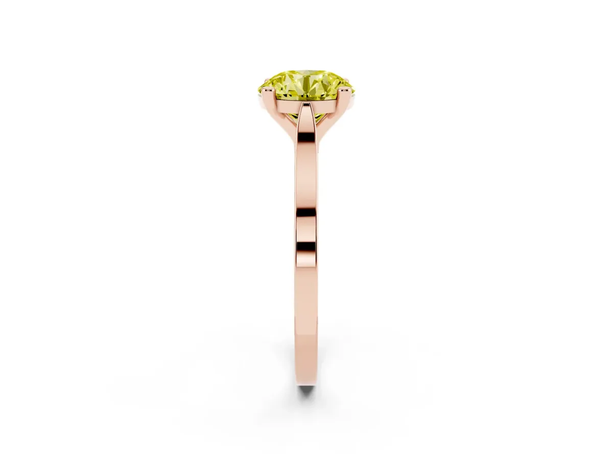 Fancy Yellow Round Cut Solitaire Diamond Ring with Four-Prong Setting and Tapered Band Rose gold