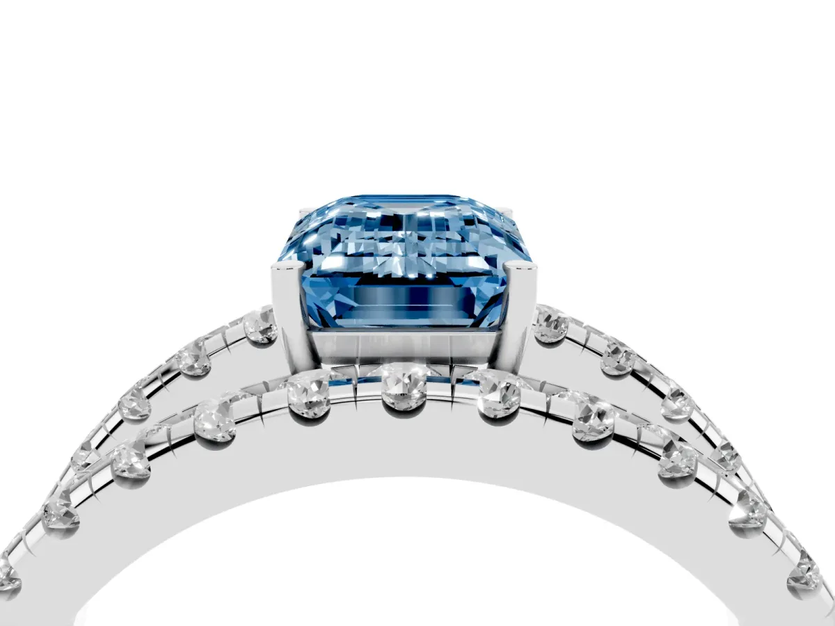 Fancy Blue Emerald Cut Solitaire Split Shank Pave Diamond Ring Silver