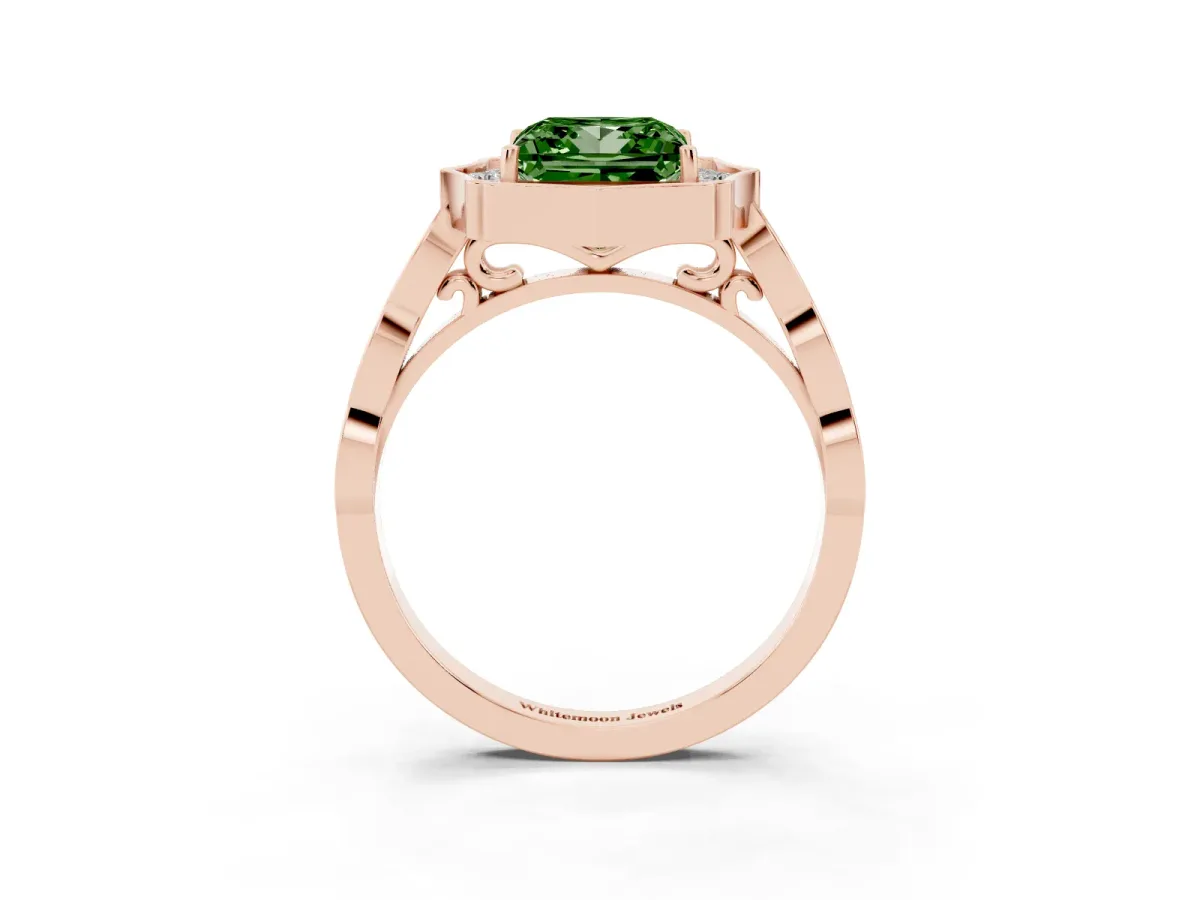 Fancy Green Princess Cut Halo Diamond Engagement Ring with Milgrain Band and Four-Prong Setting Rose gold