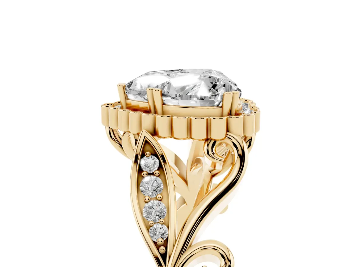 Heart Cut Diamond Halo Ring with Vintage Split Shank and Four-Prong Setting Yellow gold