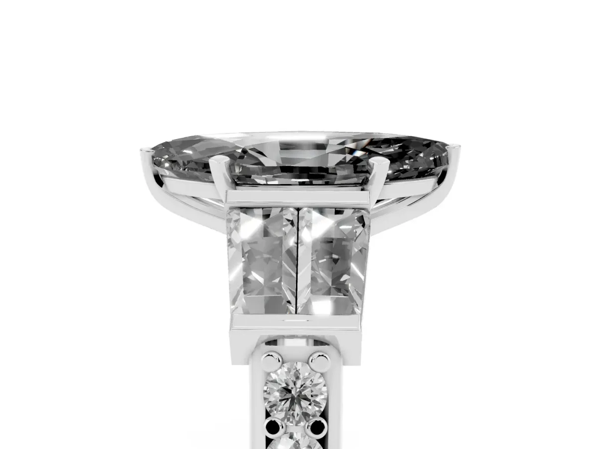 Fancy Black Marquise Cut Diamond Engagement Ring with Baguette Side Stones and Channel Set Band Silver