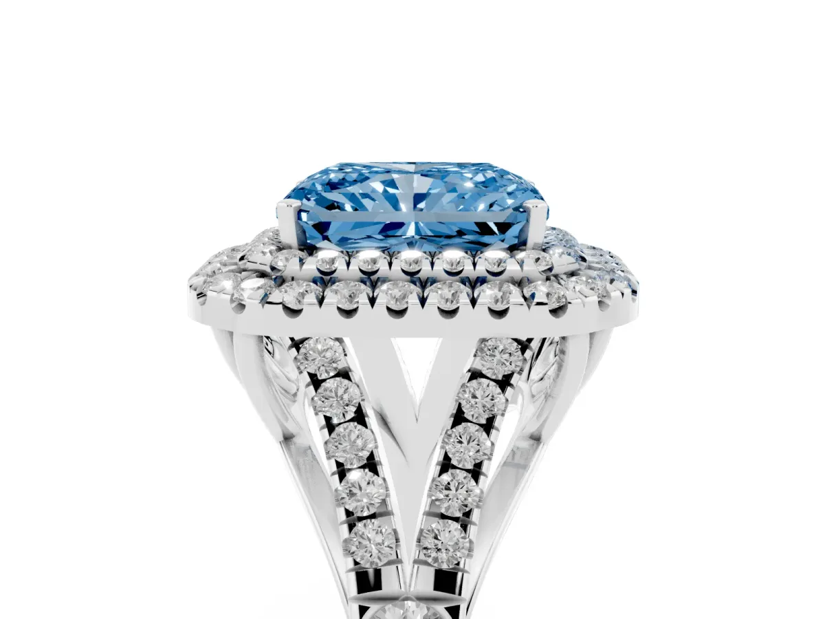 Fancy Blue Double Halo Radiant Cut Diamond Split Shank Engagement Ring with Four-Prong Setting Platinum