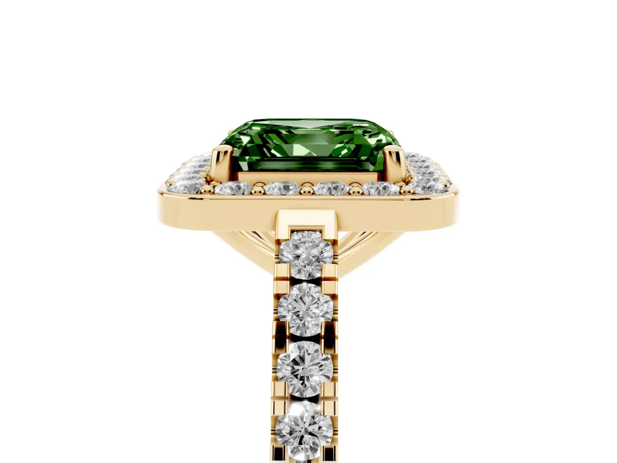 Fancy Green Asscher Cut Diamond Halo Ring with Round Pavé Split Shank and Prong Setting Yellow gold