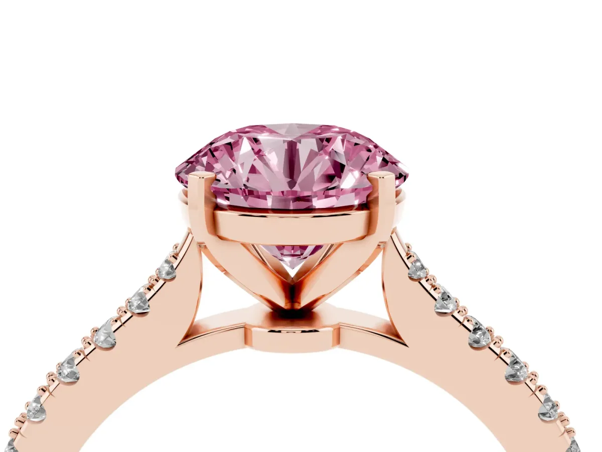 Fancy Pink Round Cut Cut Solitaire Diamond Engagement Ring with Pave Band and Four-Prong Setting Rose gold