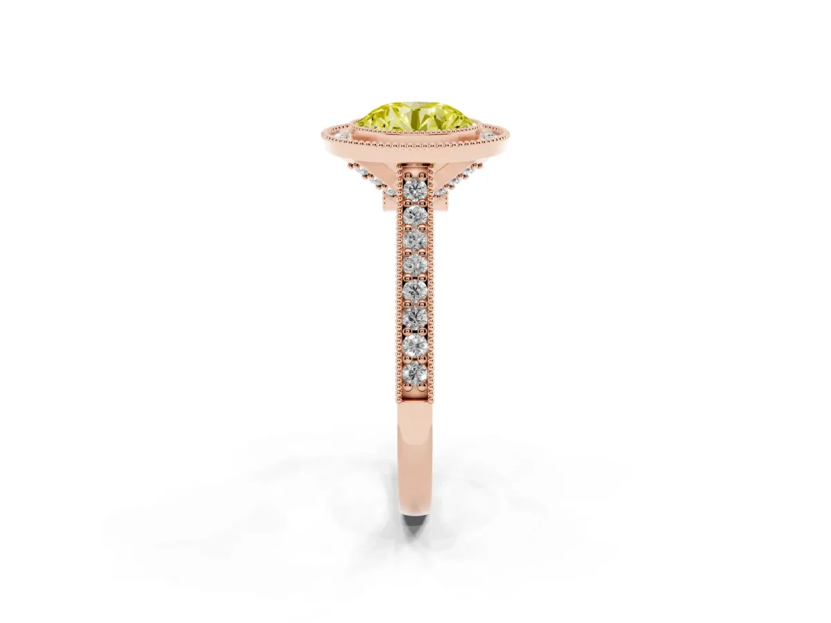 Fancy Yellow Halo Round Cut-Cut Diamond Pave Band Milgrain Prong Setting Ring Rose gold