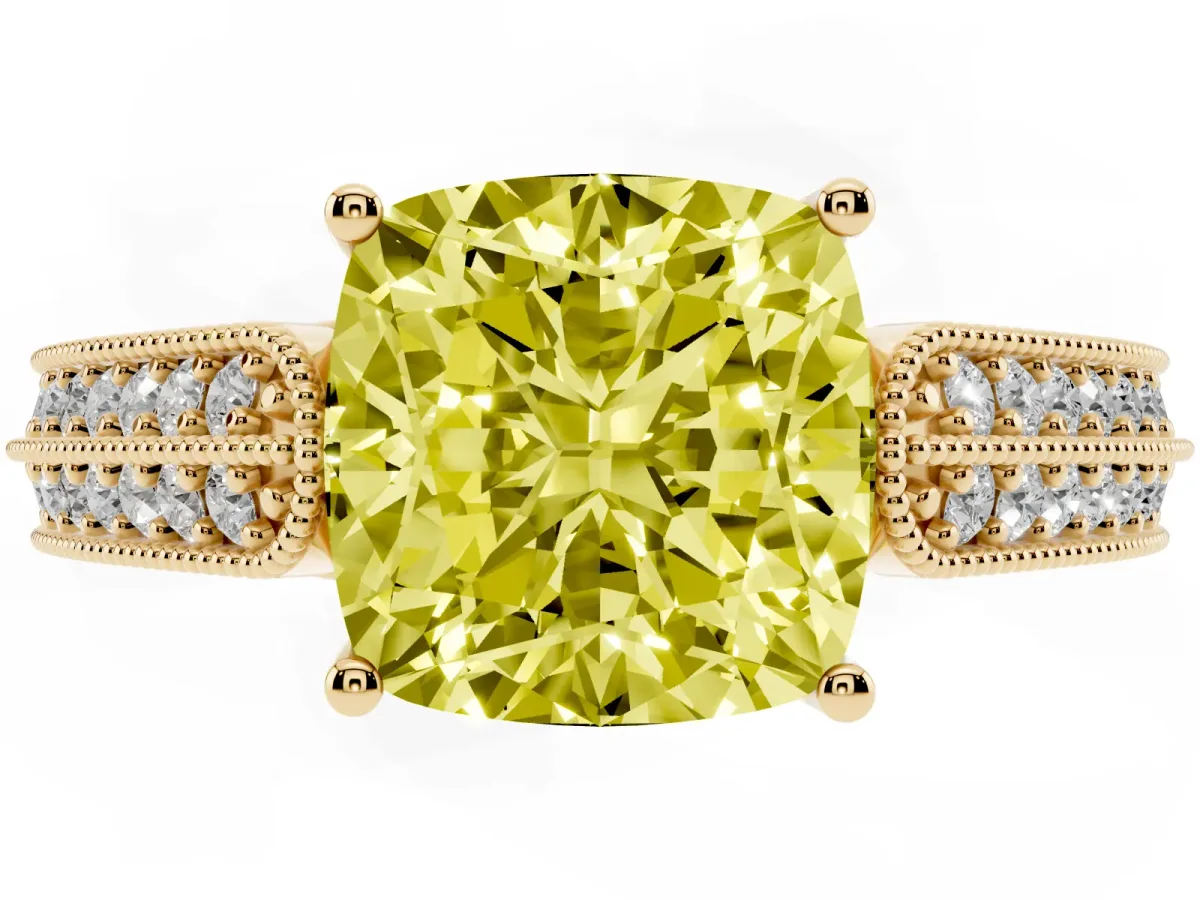 Fancy Yellow Cushion Cut Cut Pave Split Shank Engagement Ring with Four-Prong Setting Yellow gold
